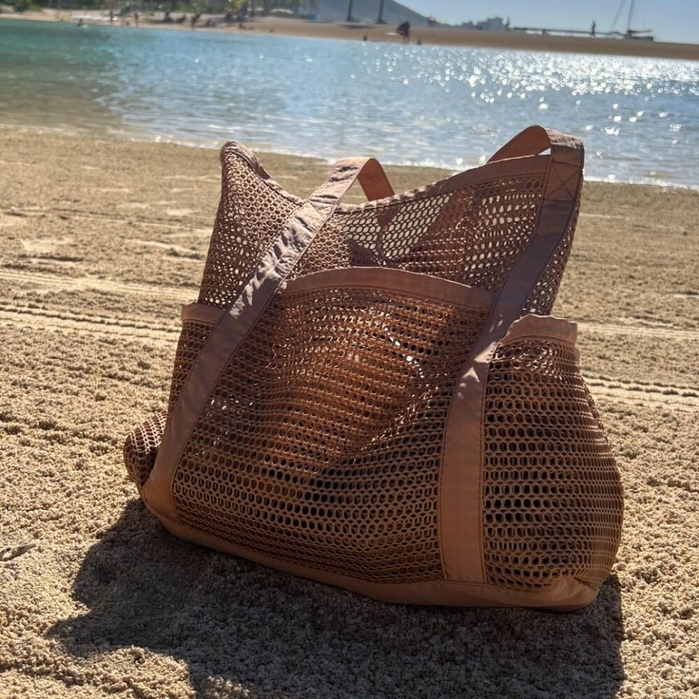 Neiman Marcus Khaki Sandproof Bottom Beach Bag